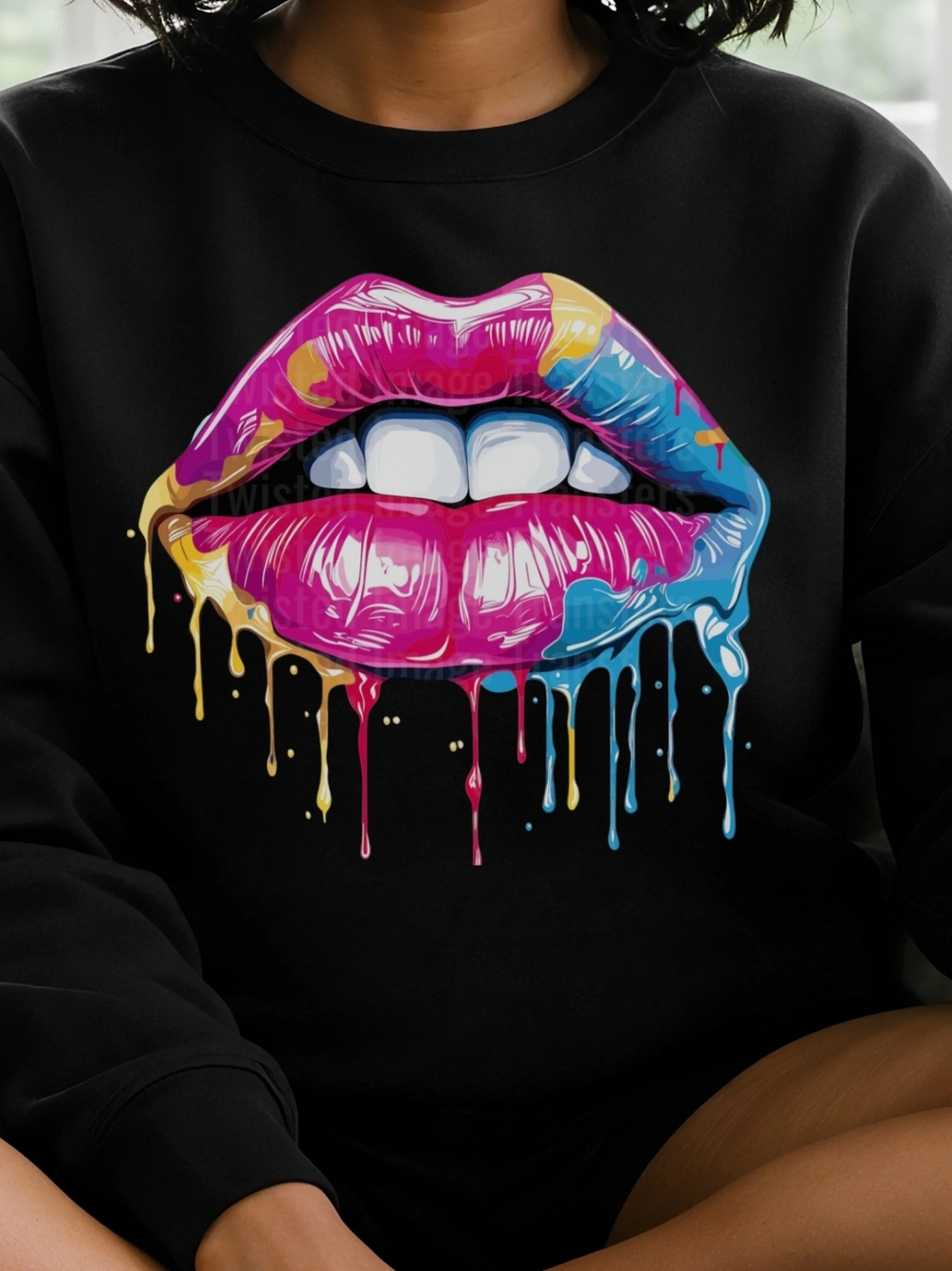 Gildan Black Sweatshirt with Dripping Multicolor Lips Graphic